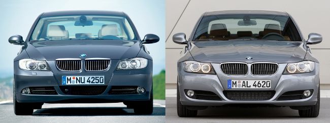 BMW E90 до и после рестайлинга - вид спереди